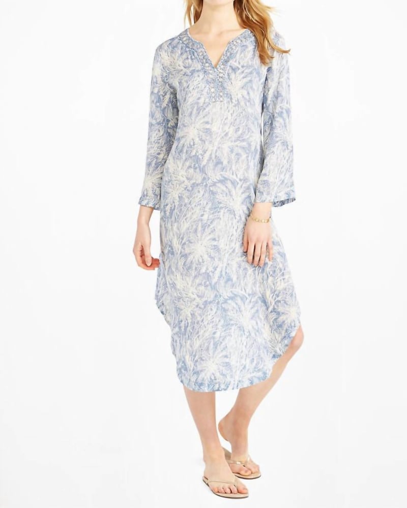 Front of a model wearing a size L Bursting Palms Caftan in Blue Multi in Blue Multi by Nic + Zoe. | dia_product_style_image_id:325878
